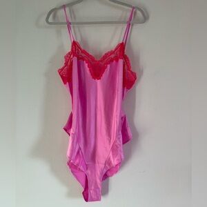Skims Stretch Satin Lace Teddy in Neon Orchid, size XL